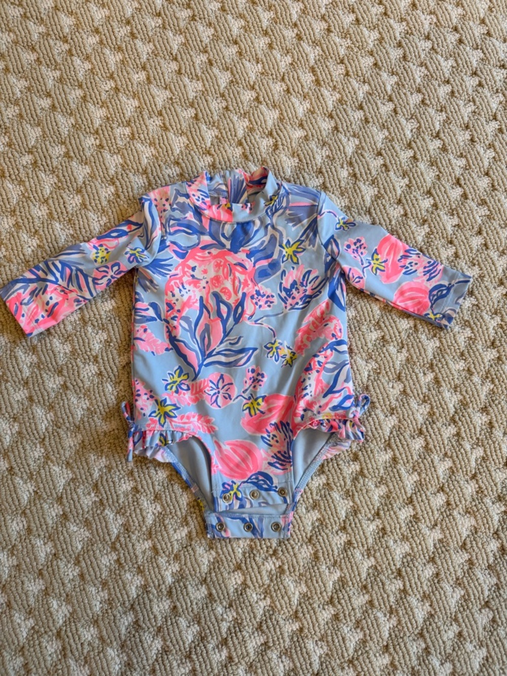 Lilly Pulitzer Girls' Long-Sleeve Floral One-Piece Swimsuit in Blue & Pink